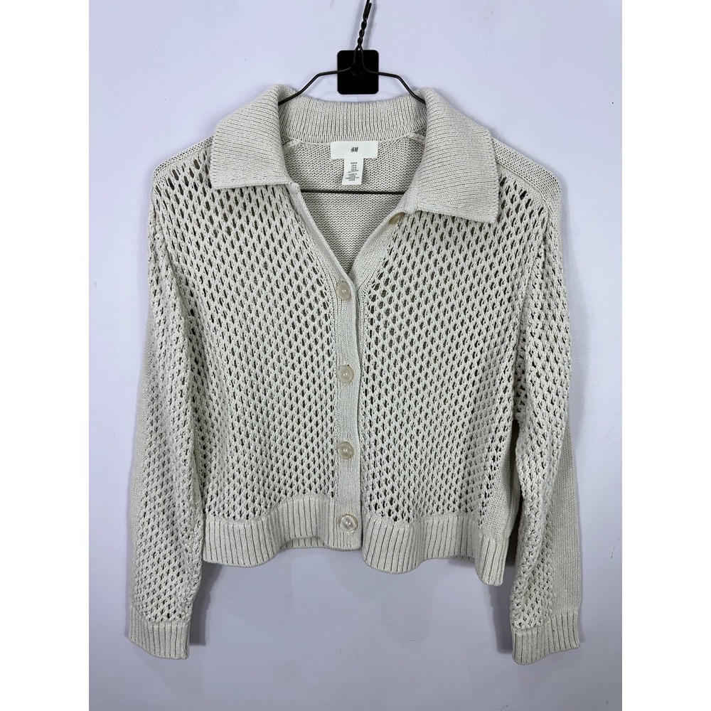 H&M Open Knit Collared Button Down Cardigan Womens Medium Ivory Tennis Prep